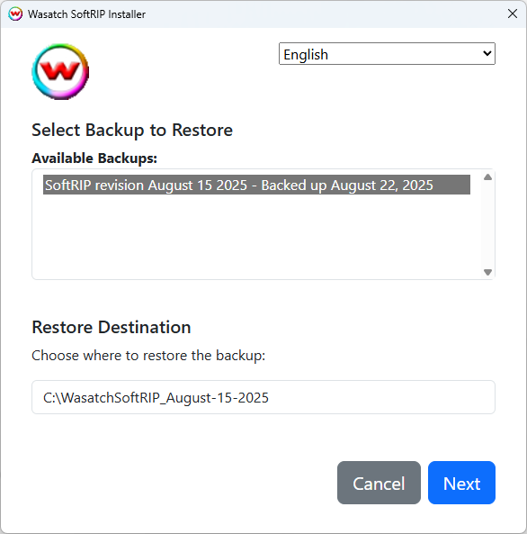 Restore from Backup Page Screenshot